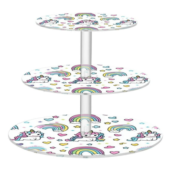Wobogo Pattern with Cute Unicorns and Rainbows 3 Tier Acrylic Cake Stand with Clear Round Hold for Wedding Holiday Birthday Baby Shower Tea Party