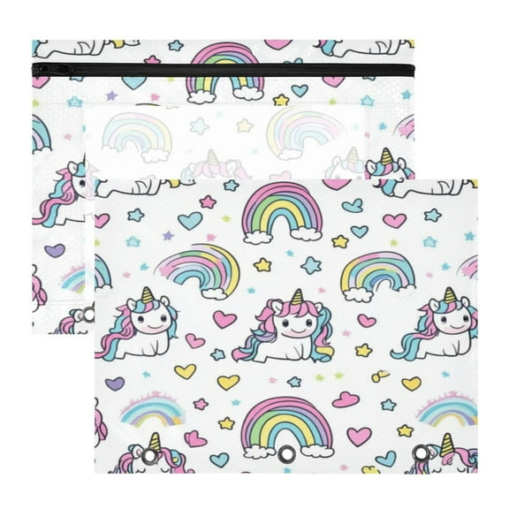 Wobogo Pattern with Cute Unicorns and Rainbows A4 Size Clear Polyester File Pocket Set of 2 Zipper Home Work Office Organizer