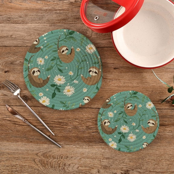 Wobogo Pattern with Daisies and Sloths Hanging on Vines Trivets Potholders Set of 2 Cotton Woven Round Hot Plate Mats for Hot Dishes Bowls Teapots