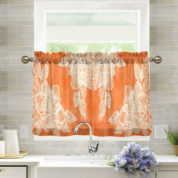 Wobogo Peach Lace Pattern on Orange Background Kitchen Curtains 2 Piece Set Farmhouse Country Style Light Filtering Small Window Drapes Suitable for Bathroom Laundry Room and RV 27x24in