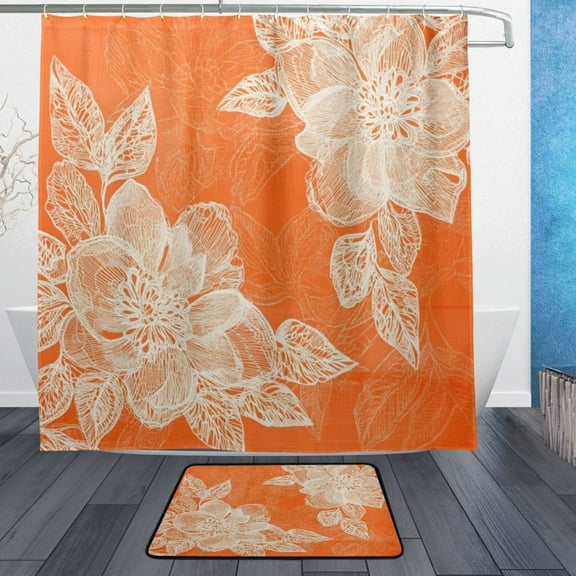 Wobogo Peach Lace Pattern on Orange Background Bathroom Shower Curtain Set with Floor Mat and Hooks Ultra Waterproof Visible Slider Beads