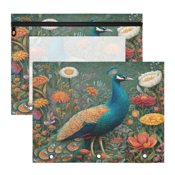 Wobogo Peacock A4 Size Clear Polyester File Pocket Set of 2 Zipper Home Work Office Organizer