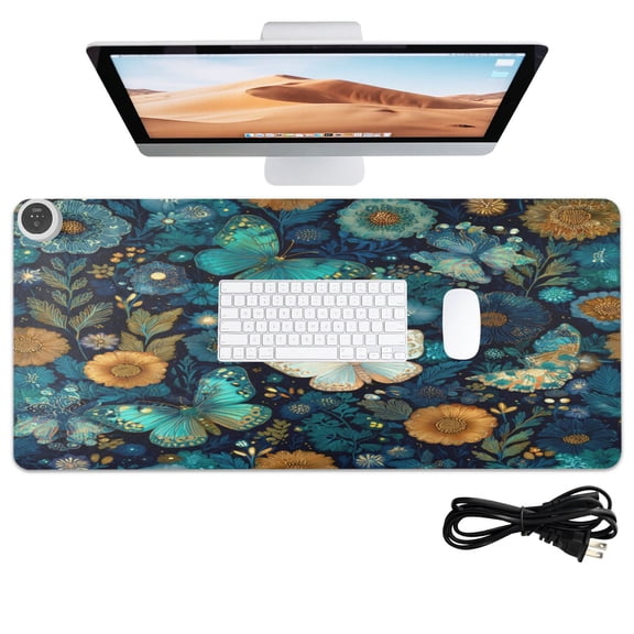 Wobogo Peacock Butterfly Heated Mouse Pad Extra-Large Desk Mat With 3 Heating Levels and 3-hour Auto Shut-Off Protection Ideal for Computer Keyboards Home Office Hand-warming Essential 31.5in 13in