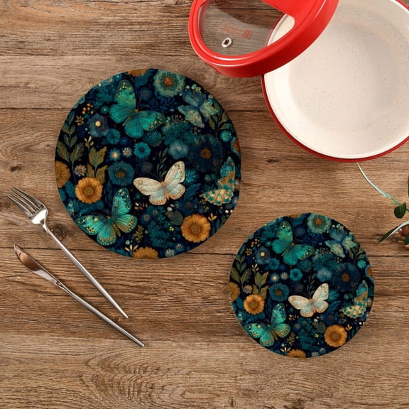 Wobogo Peacock Butterfly Trivets Potholders Set of 2 Cotton Woven Round Hot Plate Mats for Hot Dishes Bowls Teapots