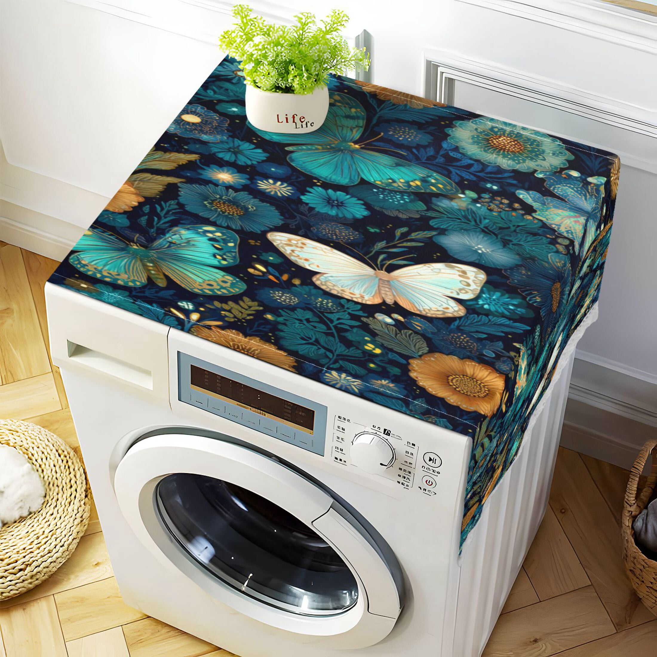 Wobogo Peacock Butterfly Washing Machine Cover Dustproof Washer Dryer Cover Waterproof Laundry Room Decorative Protector