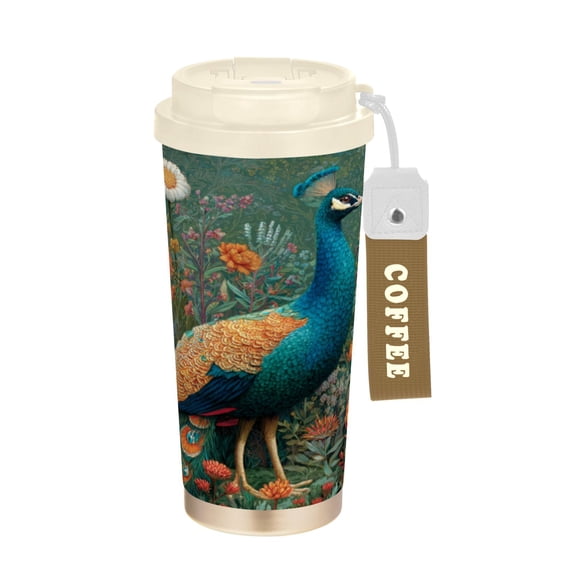 Wobogo Peacock Double Drinking Coffee Cup Insulated Mug with Food-grade 316 Stainless Steel Beige Lid