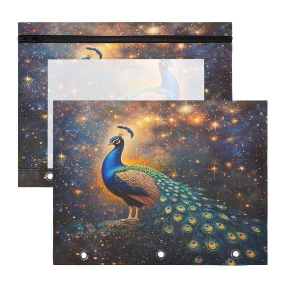 Wobogo Peacock Of Stars A4 Size Clear Polyester File Pocket Set of 2 Zipper Home Work Office Organizer