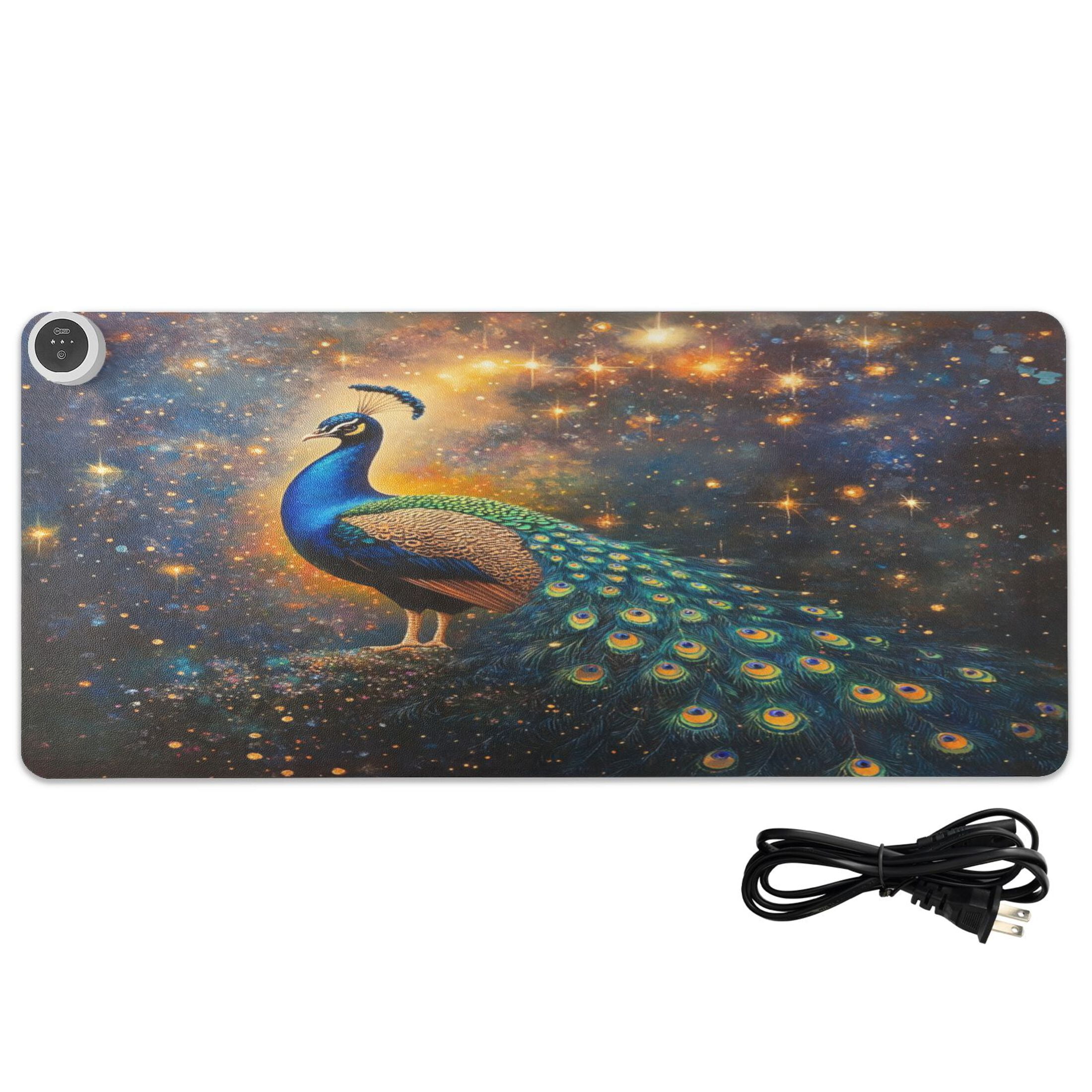 Wobogo Peacock Of Stars Heated Mouse Pad Extra-Large Desk Mat With 3 Heating Levels and 3-hour Auto Shut-Off Protection Ideal for Computer Keyboards Home Office Hand-warming Essential 31.5in × 13in