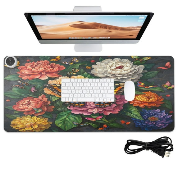 Wobogo Peony Butterfly Paintings Heated Mouse Pad Extra-Large Desk Mat With 3 Heating Levels and 3-hour Auto Shut-Off Protection Ideal for Computer Keyboards Home Office Hand-warming Essential 31.5in