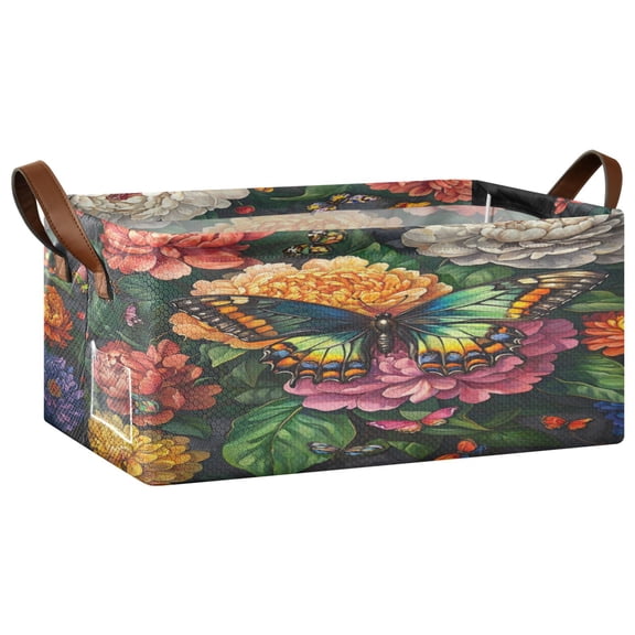 Wobogo Peony Butterfly Paintings Storage Basket Soccer Plaid Fabric Oversized Collapsible Hoard Box with Metal Iron Frame 16.9×11.4×7.7in