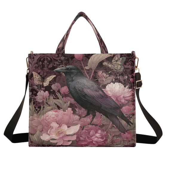 Wobogo Peony Crow Corduroy Tote Bag for Women Travel Crossbody Bag Purse Women Shoulder Bags Work Handbags Daily Commuter Bag 13.7×12.2inch