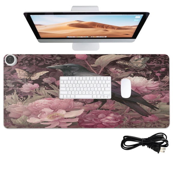 Wobogo Peony Crow Heated Mouse Pad Extra-Large Desk Mat With 3 Heating Levels and 3-hour Auto Shut-Off Protection Ideal for Computer Keyboards Home Office Hand-warming Essential 31.5in × 13in