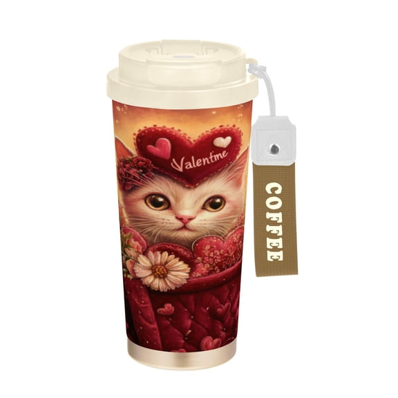 Wobogo Pink Basket Cat Double Drinking Coffee Cup Insulated Mug with Food-grade 316 Stainless Steel Beige Lid