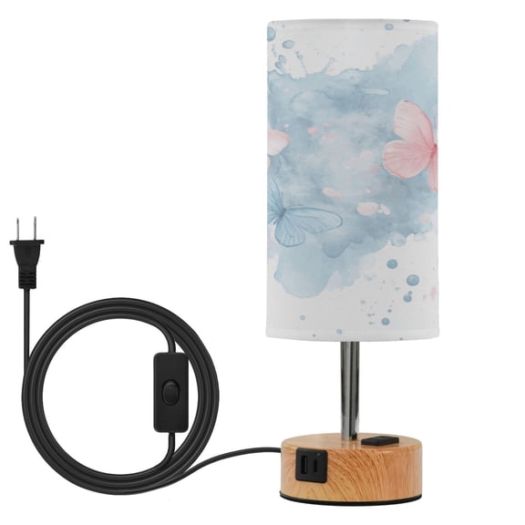 Wobogo Pink and Blue Butterflies Bedside Lamp Touch Control Table Lamp with USB A+C Charging Ports & AC Outlet 3-Way Dimmable Nightstand Lamp with Linen Fabric Shade for Bedroom Living Room