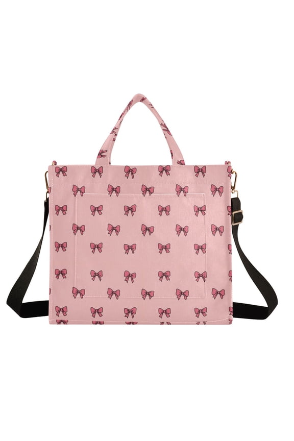 Wobogo Pink Bow Corduroy Tote Bag for Women Travel Crossbody Bag Purse Women Shoulder Bags Work Handbags Daily Commuter Bag 10.2×9inch