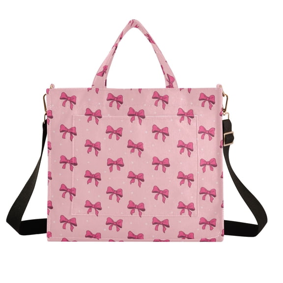 Wobogo Pink Bows Corduroy Tote Bag for Women Travel Crossbody Bag Purse Women Shoulder Bags Work Handbags Daily Commuter Bag 10.2×9inch