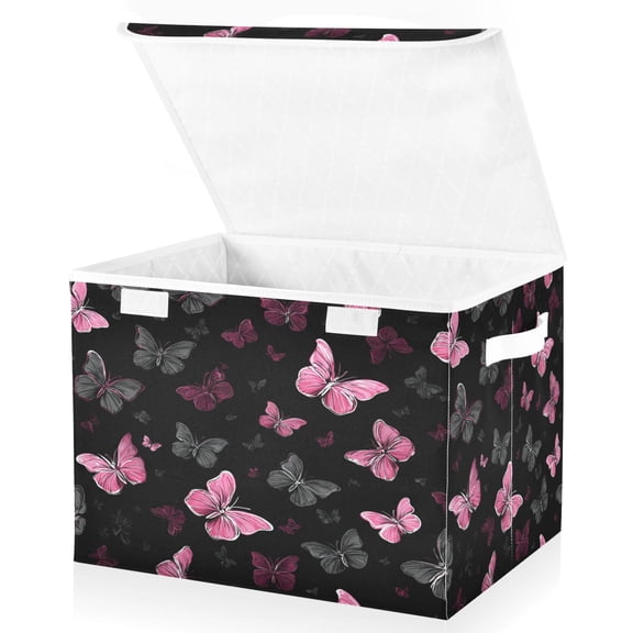 Wobogo Pink Butterfly Large Collapsible Storage Box Flip Lid Fabric Decorative Organizer Container Basket with Handles 16.512.611.8in
