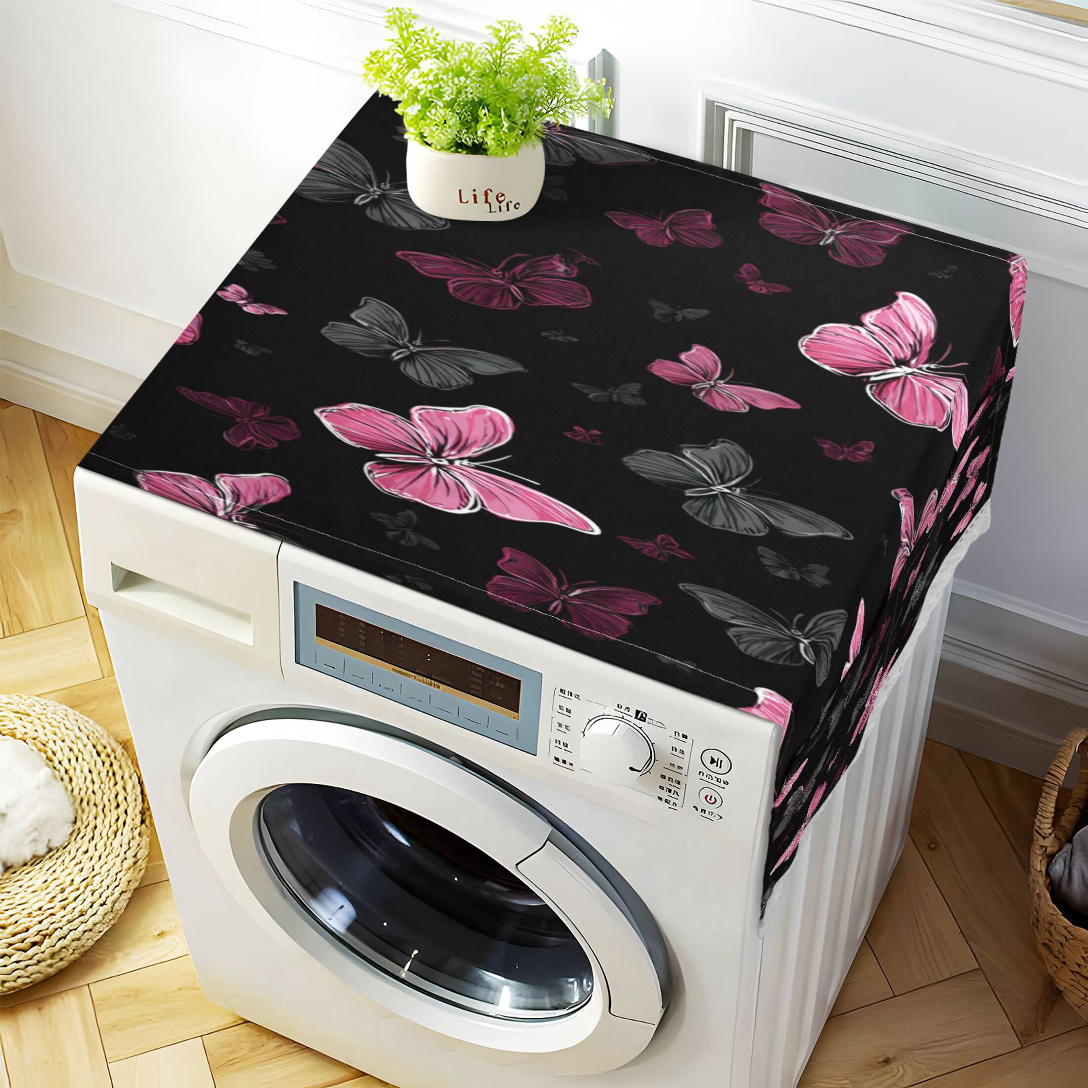 Wobogo Pink Butterfly Washing Machine Cover Dustproof Washer Dryer Cover Waterproof Laundry Room Decorative Protector