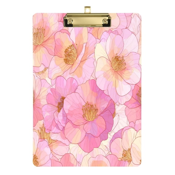 Wobogo Pink Camellia Acrylic Writing Pad Gold Clip Stardard Size A4 Office Decorative for Students Workers 12.5×9in