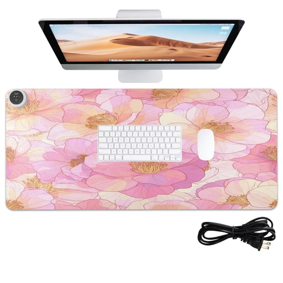 Wobogo Pink Camellia Heated Mouse Pad Extra-Large Desk Mat With 3 Heating Levels and 3-hour Auto Shut-Off Protection Ideal for Computer Keyboards Home Office Hand-warming Essential 31.5in  13in