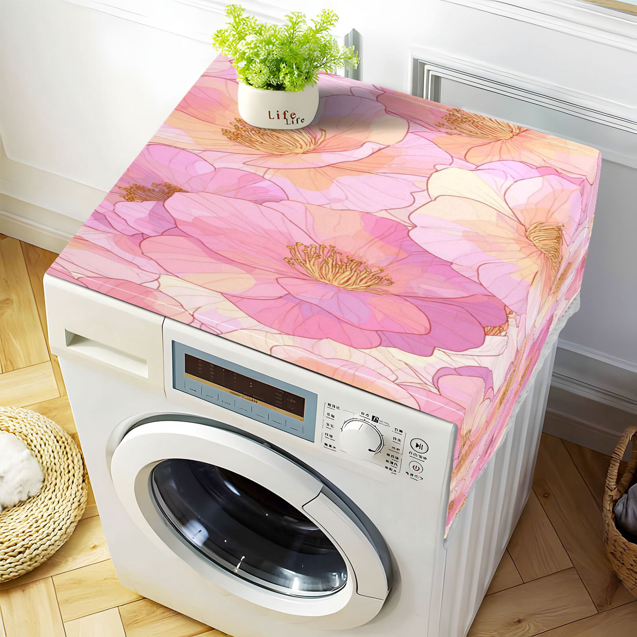 Wobogo Pink Camellia Washing Machine Cover Dustproof Washer Dryer Cover Waterproof Laundry Room Decorative Protector