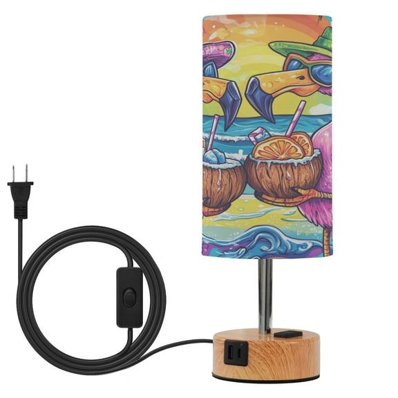 Wobogo Pink Cartoon Flamingos Bedside Lamp Touch Control Table Lamp with USB A+C Charging Ports & AC Outlet 3-Way Dimmable Nightstand Lamp with Linen Fabric Shade for Bedroom Living Room