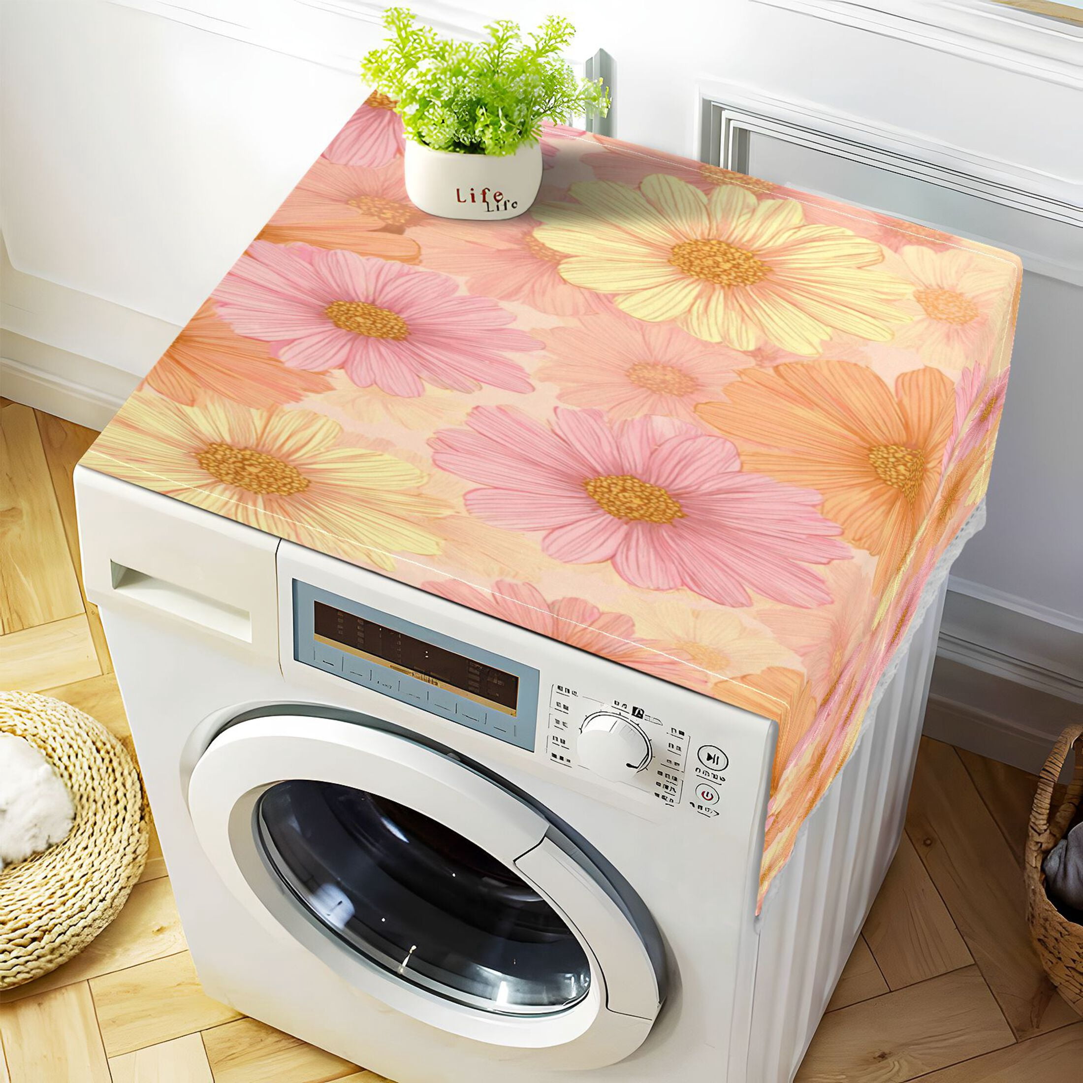 Wobogo Pink Daisies Washing Machine Cover Dustproof Washer Dryer Cover Waterproof Laundry Room Decorative Protector