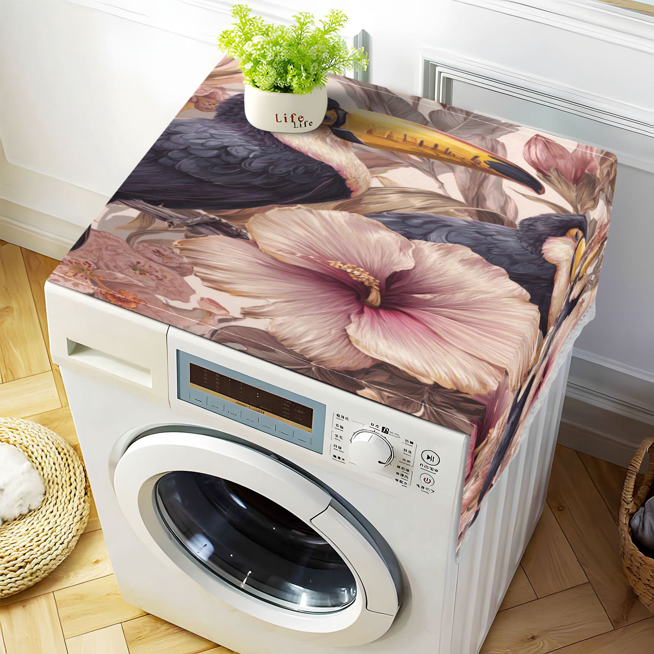 Wobogo Pink Flower Toucan Washing Machine Cover Dustproof Washer Dryer Cover Waterproof Laundry Room Decorative Protector