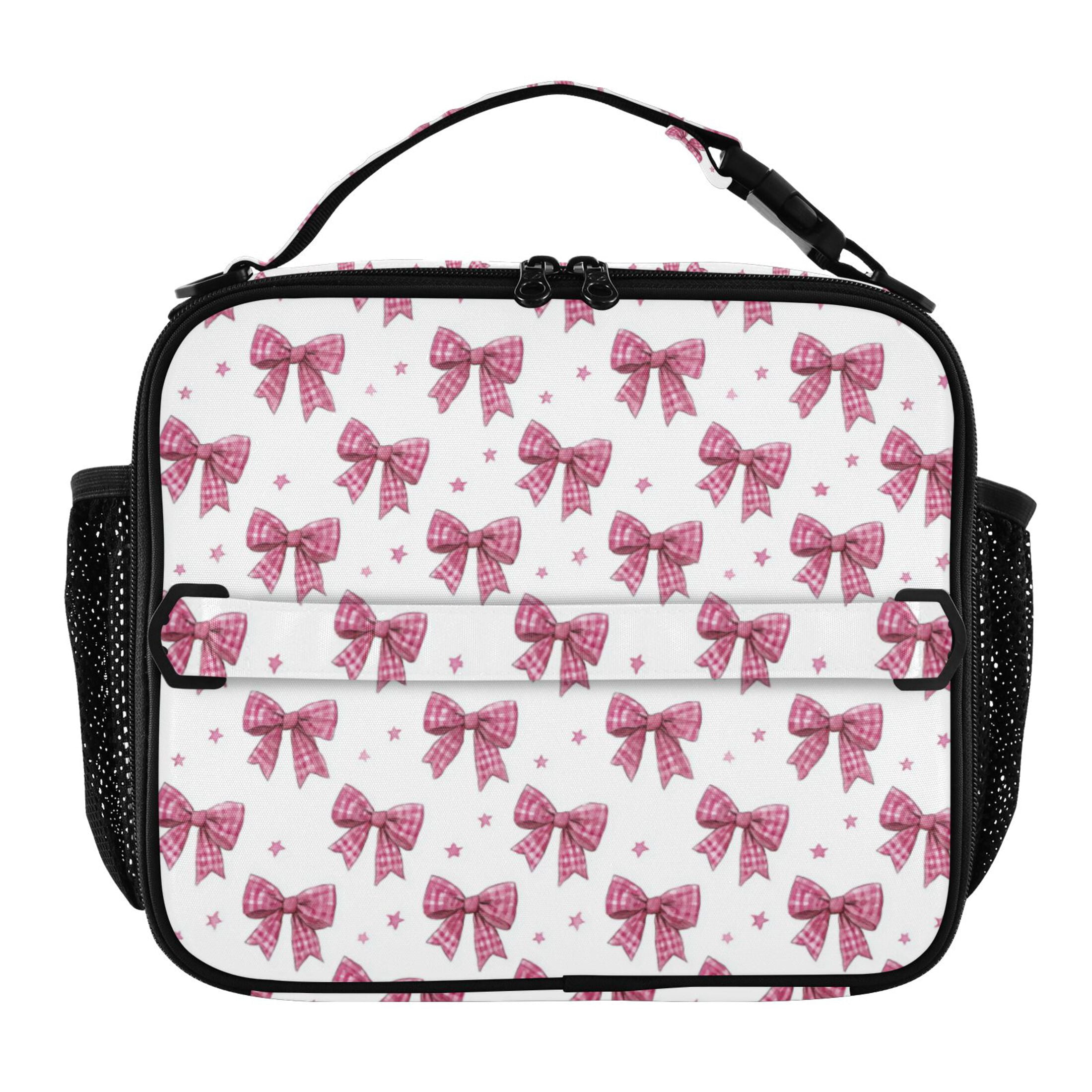 Wobogo Pink Gingham Bows Lunch Bag Insulated Portable Cooler Tote Bag for for Adults Kids Work Office School Picnic Beach