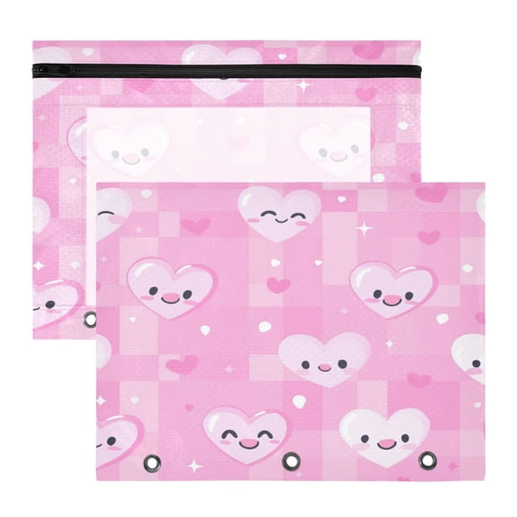 Wobogo Pink Gingham Love Pattern A4 Size Clear Polyester File Pocket Set of 2 Zipper Home Work Office Organizer