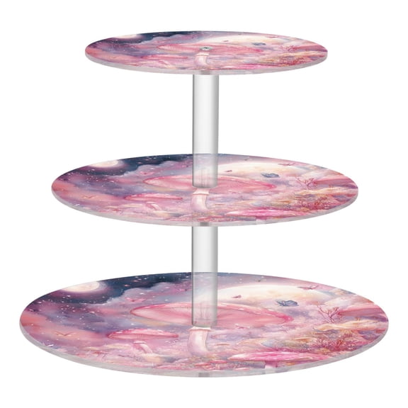 Wobogo Pink Mushroom Butterfly 3 Tier Acrylic Cake Stand with Clear Round Hold for Wedding Holiday Birthday Baby Shower Tea Party