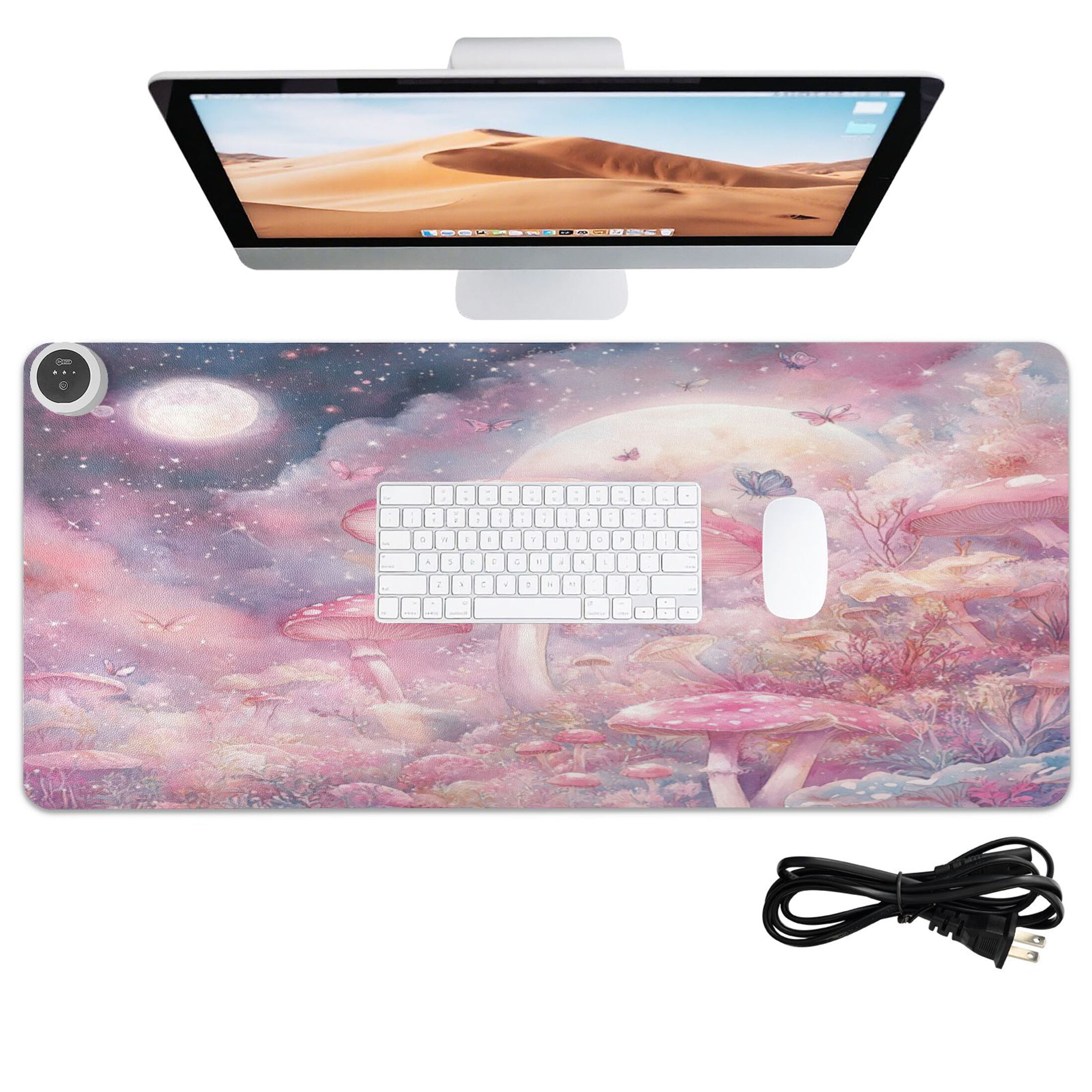 Wobogo Pink Mushroom Butterfly Heated Mouse Pad Extra-Large Desk Mat With 3 Heating Levels and 3-hour Auto Shut-Off Protection Ideal for Computer Keyboards Home Office Hand-warming Essential 31.5in ×