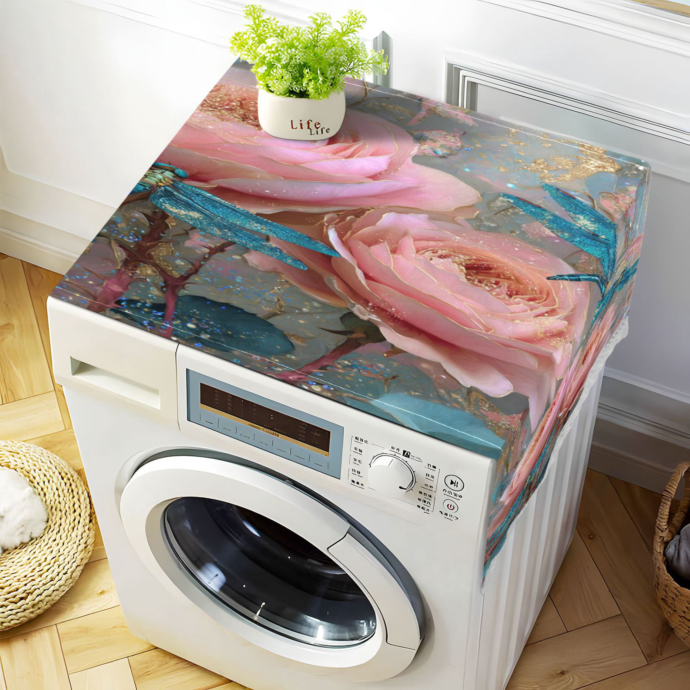 Wobogo Pink Rose Blue Dragonfly Washing Machine Cover Dustproof Washer Dryer Cover Waterproof Laundry Room Decorative Protector