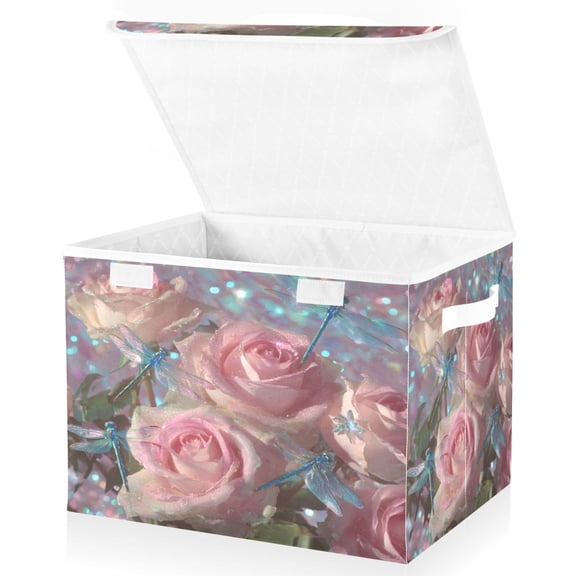 Wobogo Pink Rose Dragonfly Large Collapsible Storage Box Flip Lid Fabric Decorative Organizer Container Basket with Handles 16.512.611.8in