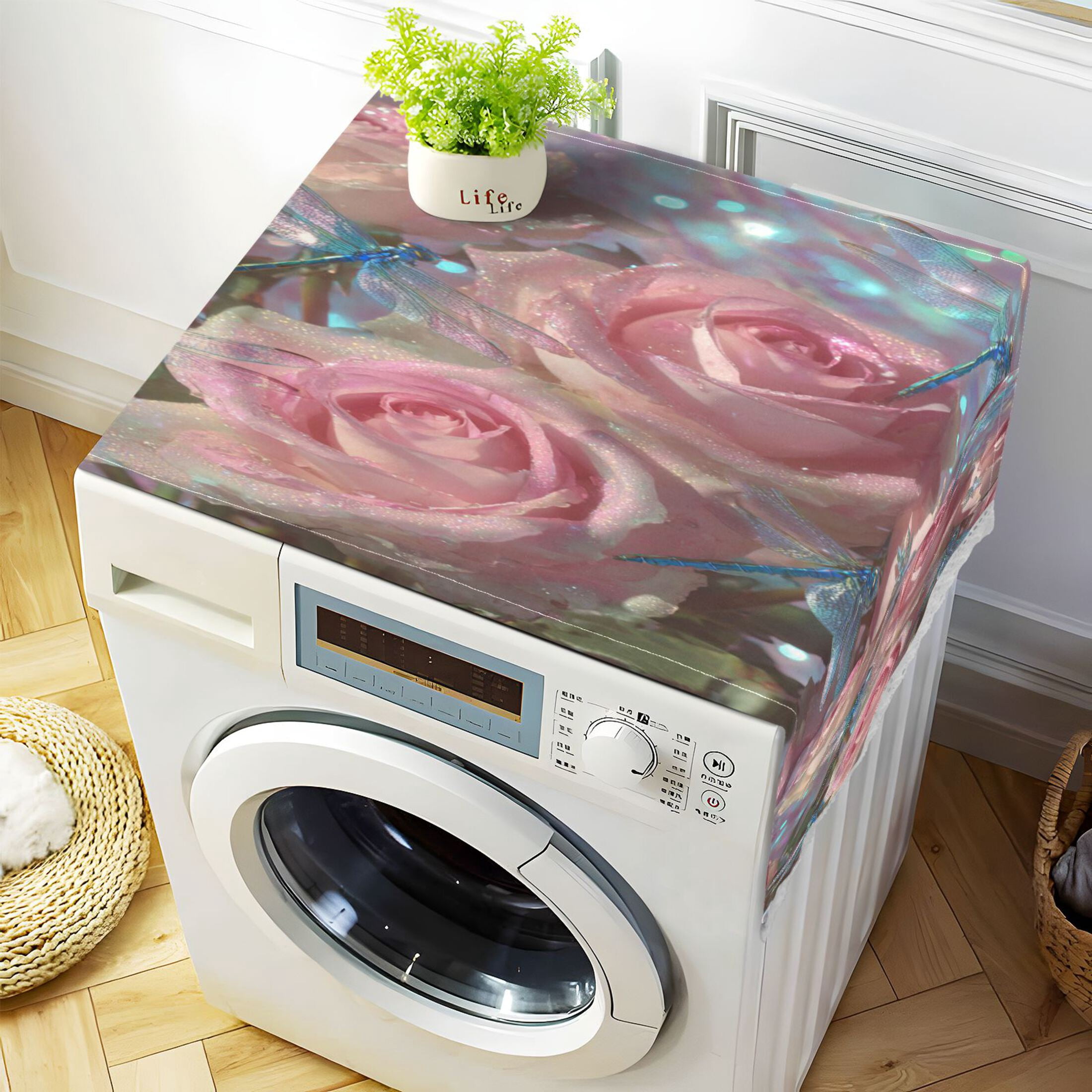 Wobogo Pink Rose Dragonfly Washing Machine Cover Dustproof Washer Dryer Cover Waterproof Laundry Room Decorative Protector