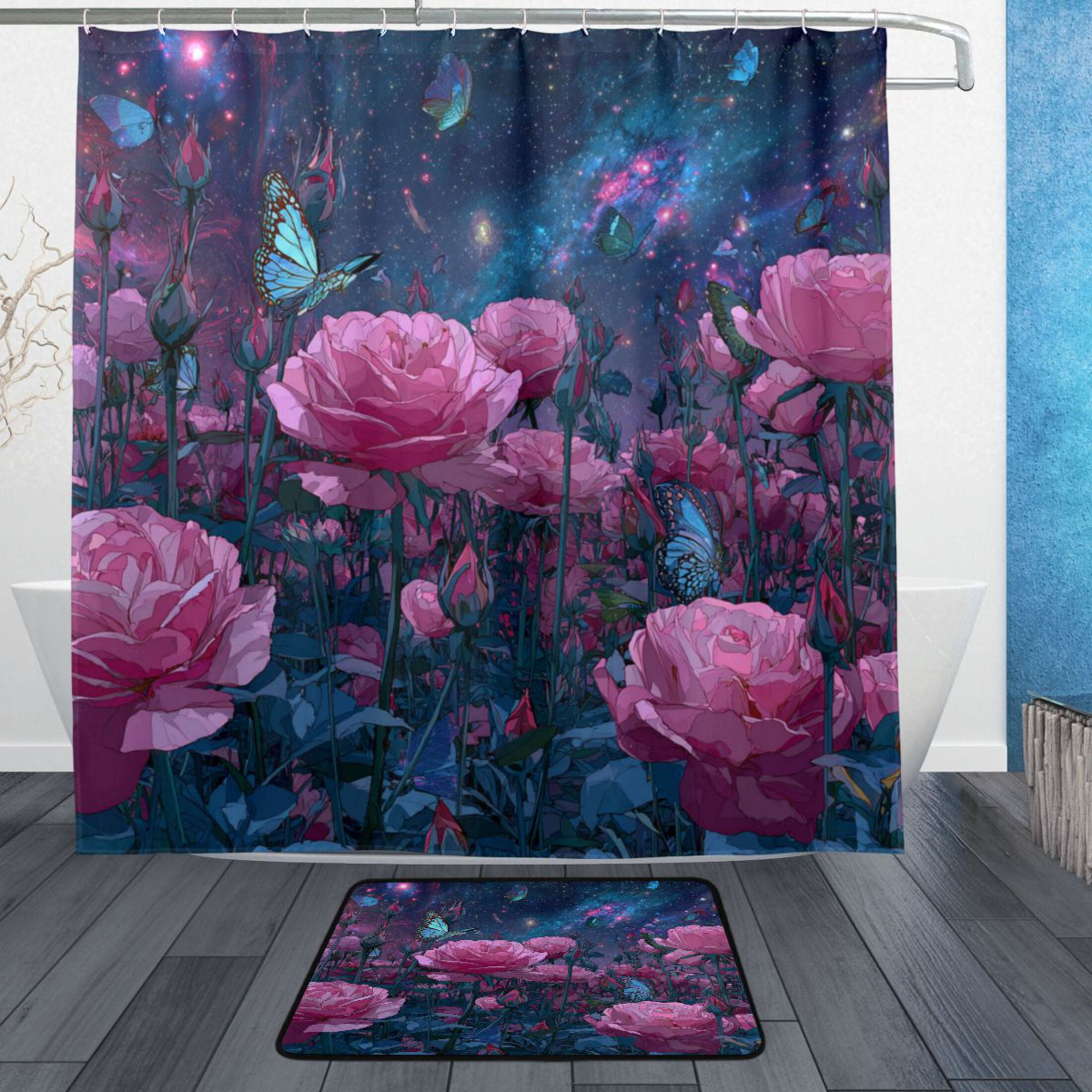 Wobogo Pink Roses Bathroom Shower Curtain Set with Floor Mat and Hooks Ultra Waterproof Visible Slider Beads