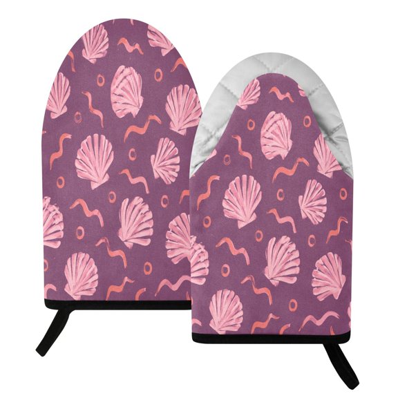 Wobogo Pink Scallop Shell Heat Resistant Oven Mitts Quilted Cotton Kitchen Gloves with Hanging Loop for Cooking BBQ Microwave