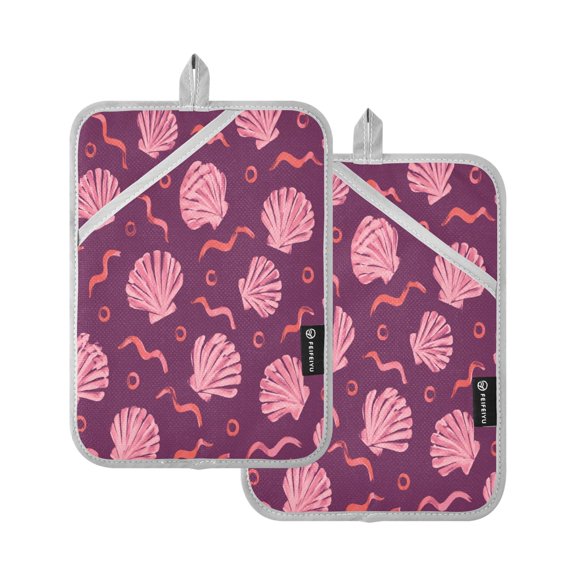 Wobogo Pink Scallop Shell Print Oven Mitts 2 Piece Heat Resistant 338 Degrees F for A Wide Range of Cooking Occasions