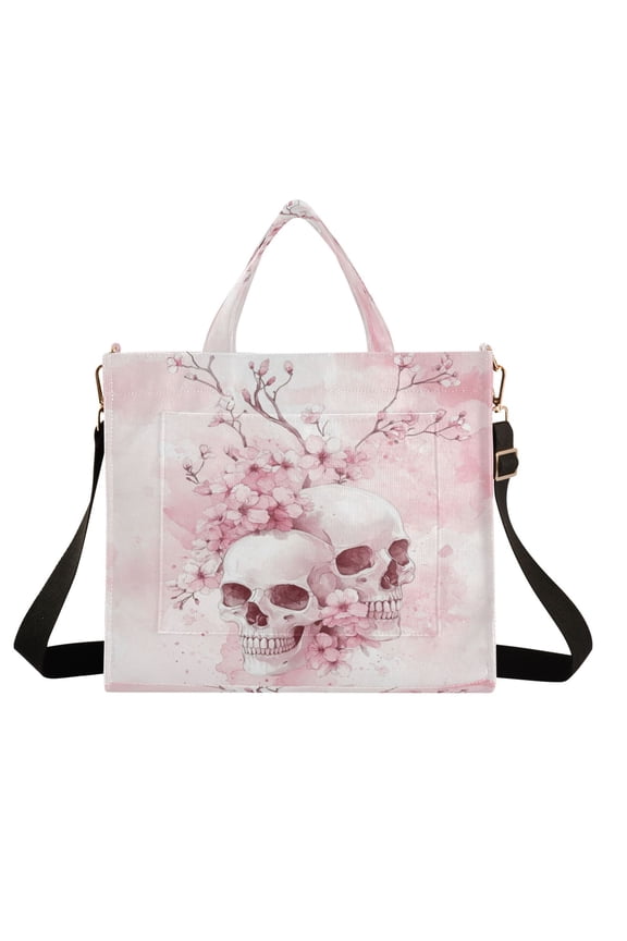 Wobogo Pink Skulls Corduroy Tote Bag for Women Travel Crossbody Bag Purse Women Shoulder Bags Work Handbags Daily Commuter Bag 10.2×9inch