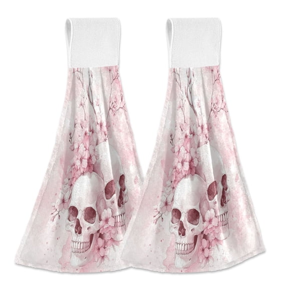 Wobogo Pink Skulls Hand Towel Set of 2 Absorbent for Kitchen and Bathroom With Velcro Hanging Loop 18.2×14in