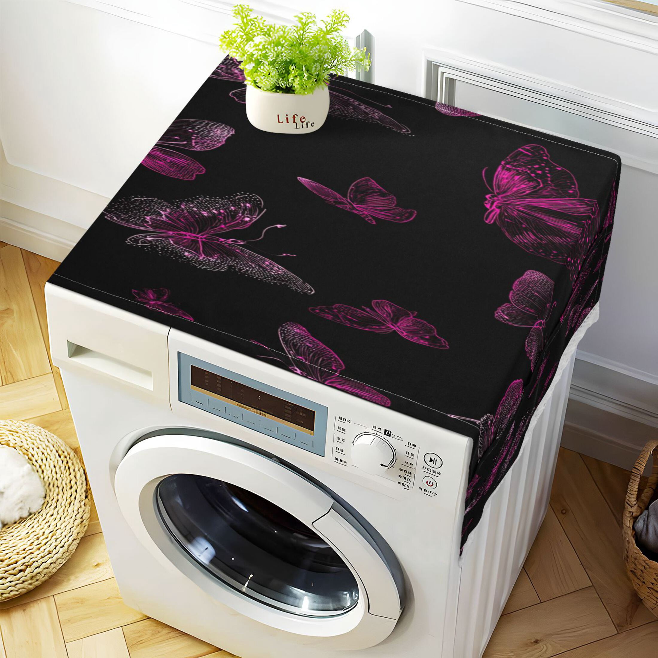 Wobogo Pink Transparent Butterfly Washing Machine Cover Dustproof Washer Dryer Cover Waterproof Laundry Room Decorative Protector