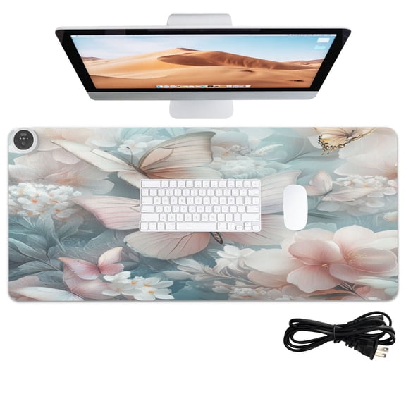 Wobogo Pink and White Butterfly Heated Mouse Pad With 3 Heating Levels and 3-hour Auto Shut-Off Protection Ideal for Computer Keyboards Home Office Hand-warming Essential