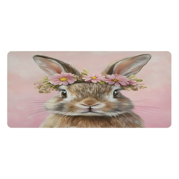 Wobogo Pink Wreath Bunny Gaming Mouse Pad Non-slip Leather Desk Mat Water Resist Keyboard Pad for Gamer Office 16.5×35.4in