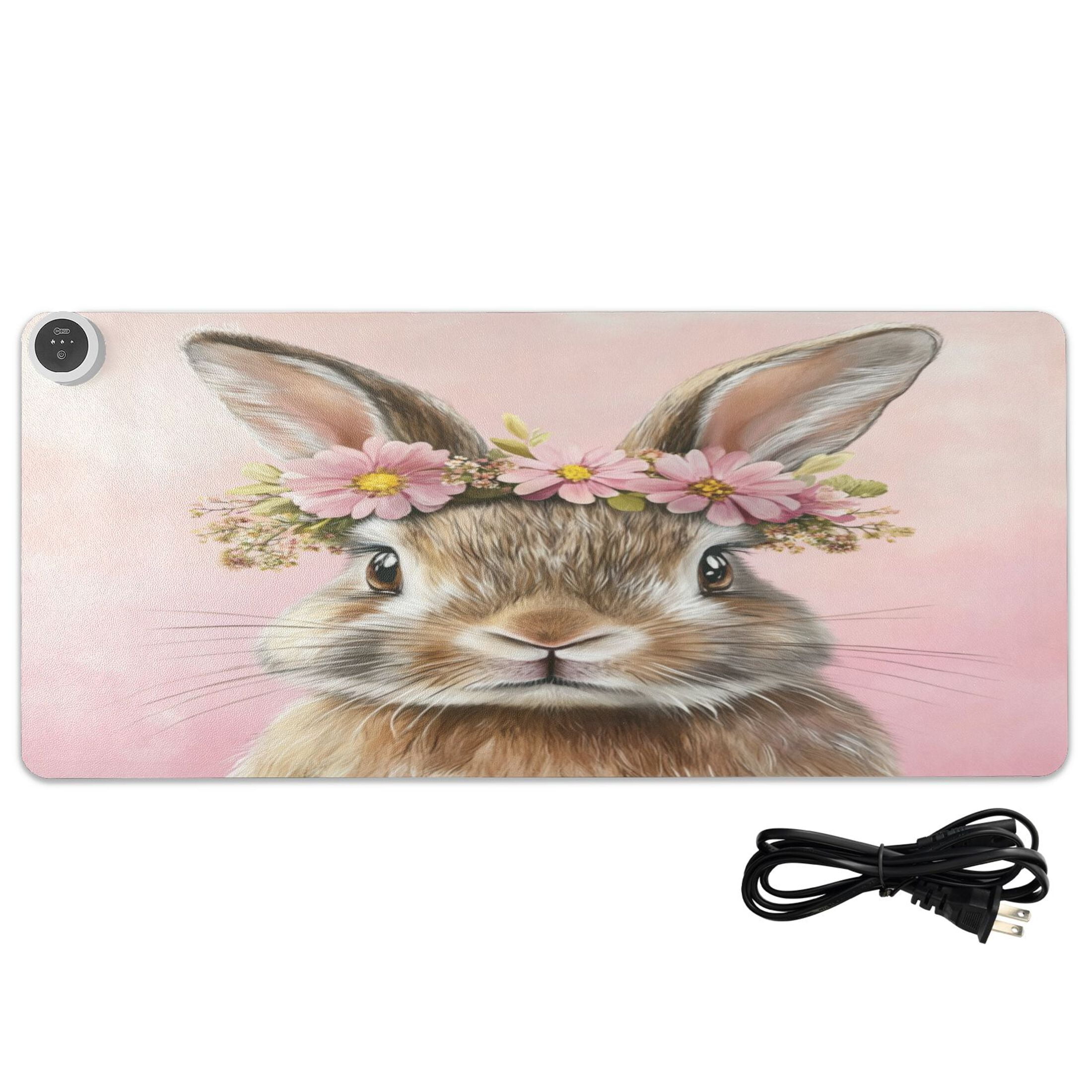 Wobogo Pink Wreath Bunny Heated Mouse Pad Extra-Large Desk Mat With 3 Heating Levels and 3-hour Auto Shut-Off Protection Ideal for Computer Keyboards Home Office Hand-warming Essential 31.5in × 13in