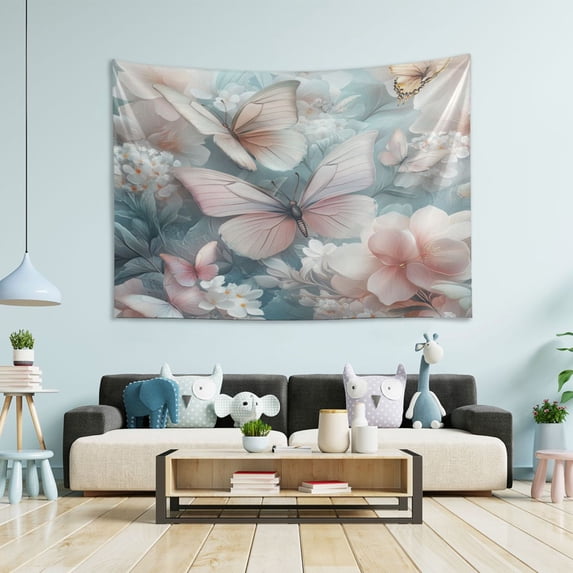 Wobogo Pink and White Butterfly Tapestry 90x60in Home Living Room Bedroom Wall Hanging Ornaments