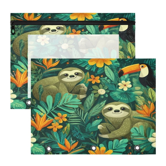 Wobogo Playful Sloths A4 Size Clear Polyester File Pocket Set of 2 Zipper Home Work Office Organizer