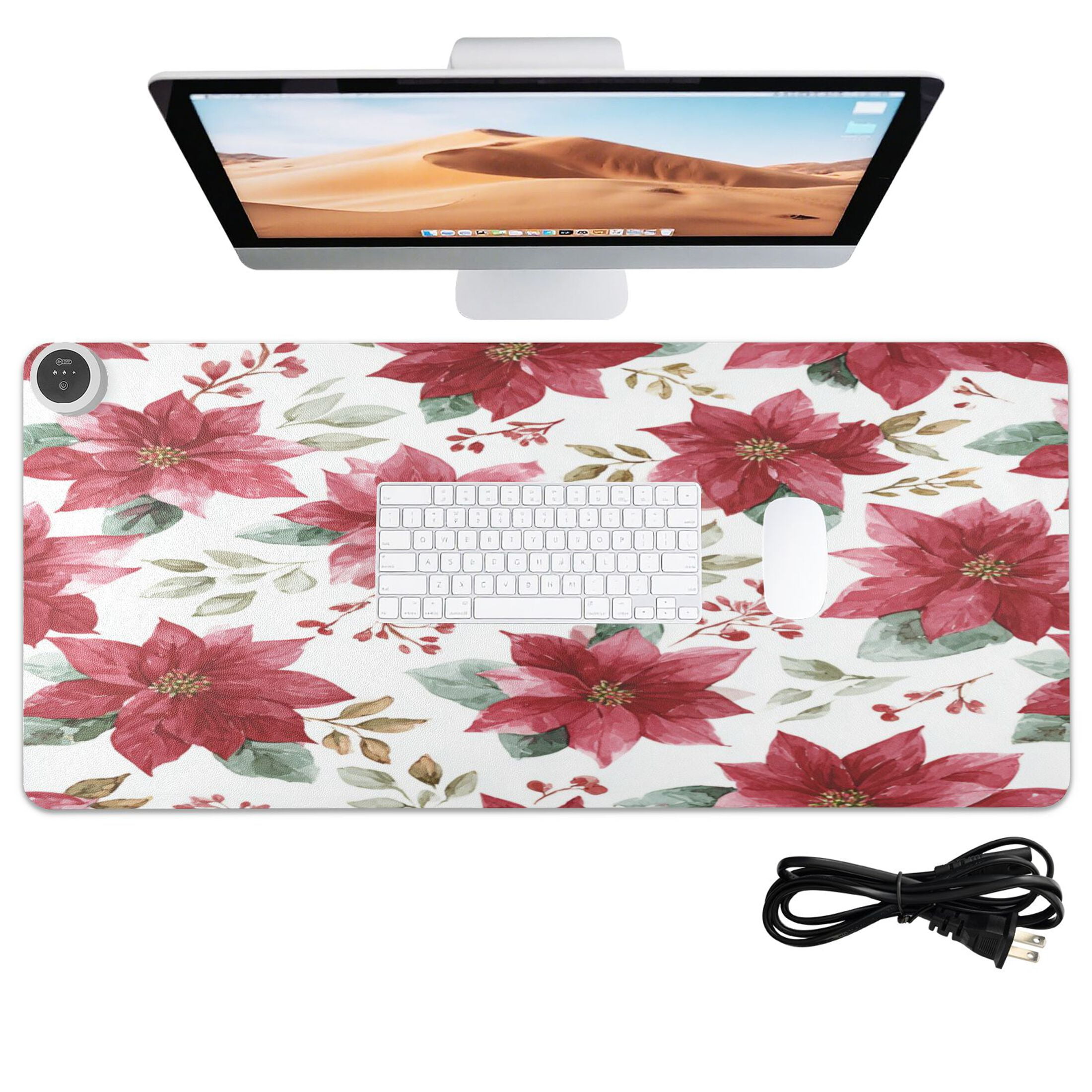 Wobogo Poinsettia Flowers Heated Mouse Pad Extra-Large Desk Mat With 3 Heating Levels and 3-hour Auto Shut-Off Protection Ideal for Computer Keyboards Home Office Hand-warming Essential 31.5in × 13in