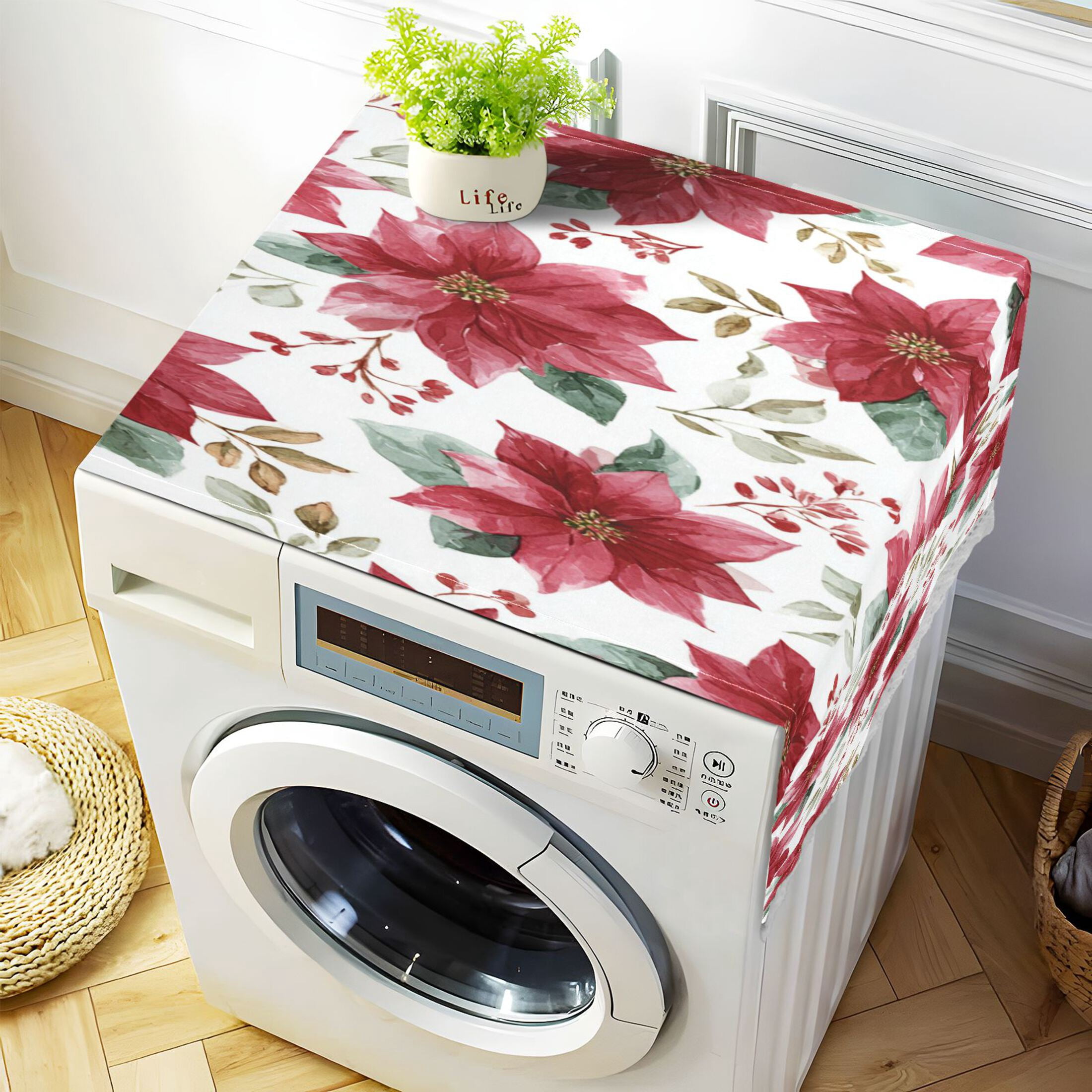 Wobogo Poinsettia Flowers Washing Machine Cover Dustproof Washer Dryer Cover Waterproof Laundry Room Decorative Protector