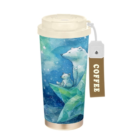 Wobogo Polar Bear Double Drinking Coffee Cup Insulated Mug with Food-grade 316 Stainless Steel Beige Lid