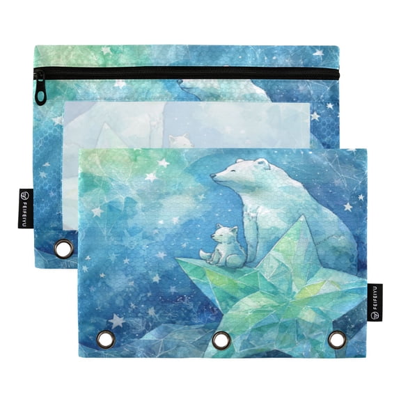 Wobogo Polar Bear Pencil Pouch with 3 Ring Binder Holes Set of 2 for Learning Tools